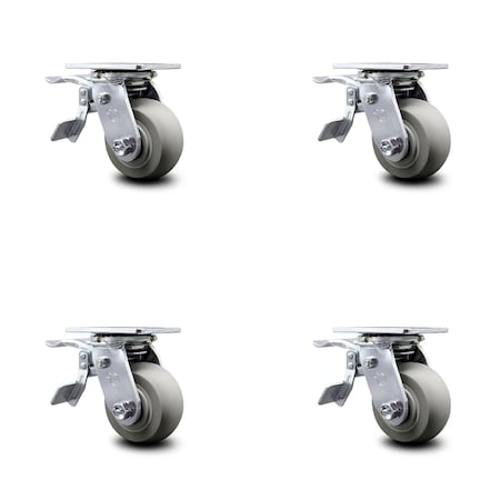Service Caster 4 Inch Thermoplastic Rubber Caster Set with Roller Bearings and Total Lock Brake SCC-TTL30S420-TPRRD-4